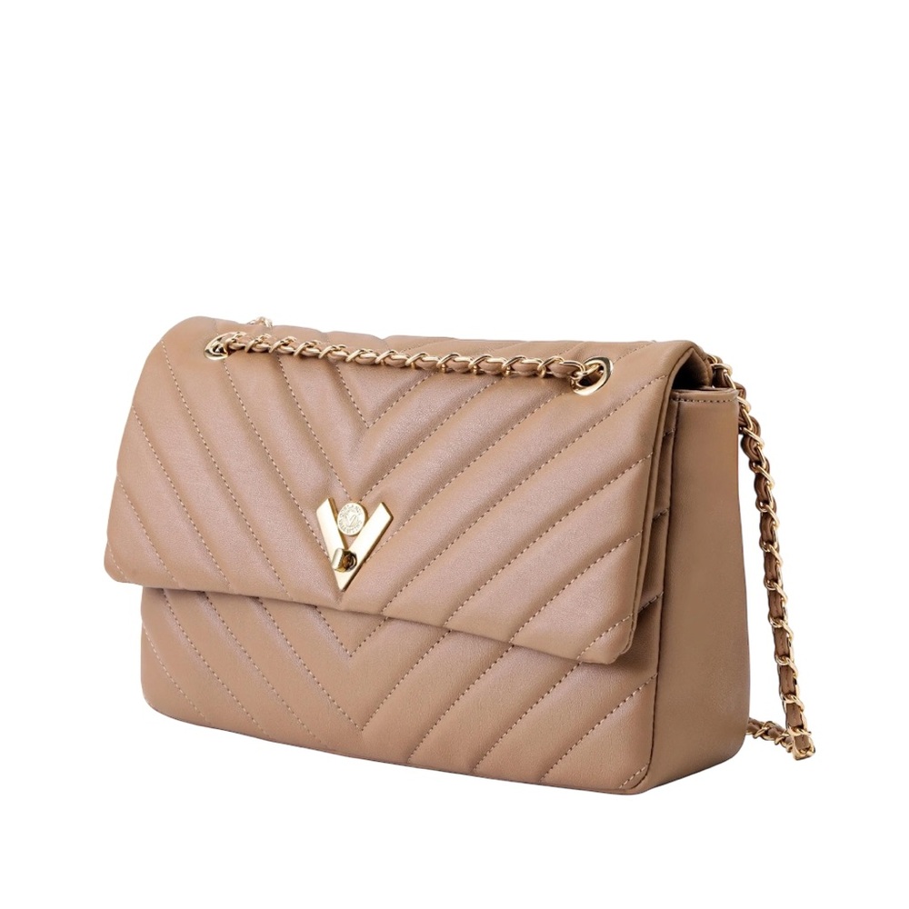Valentino Orlandi Quilted Chain Shoulder Bag Brown Gold Hardware NWT
